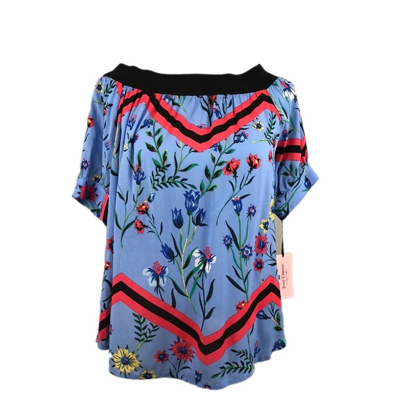 JUICY COUTURE Top Chevon Off Shoulder Short Sleeves Rayon Blue Floral Small - Picture 4 of 7